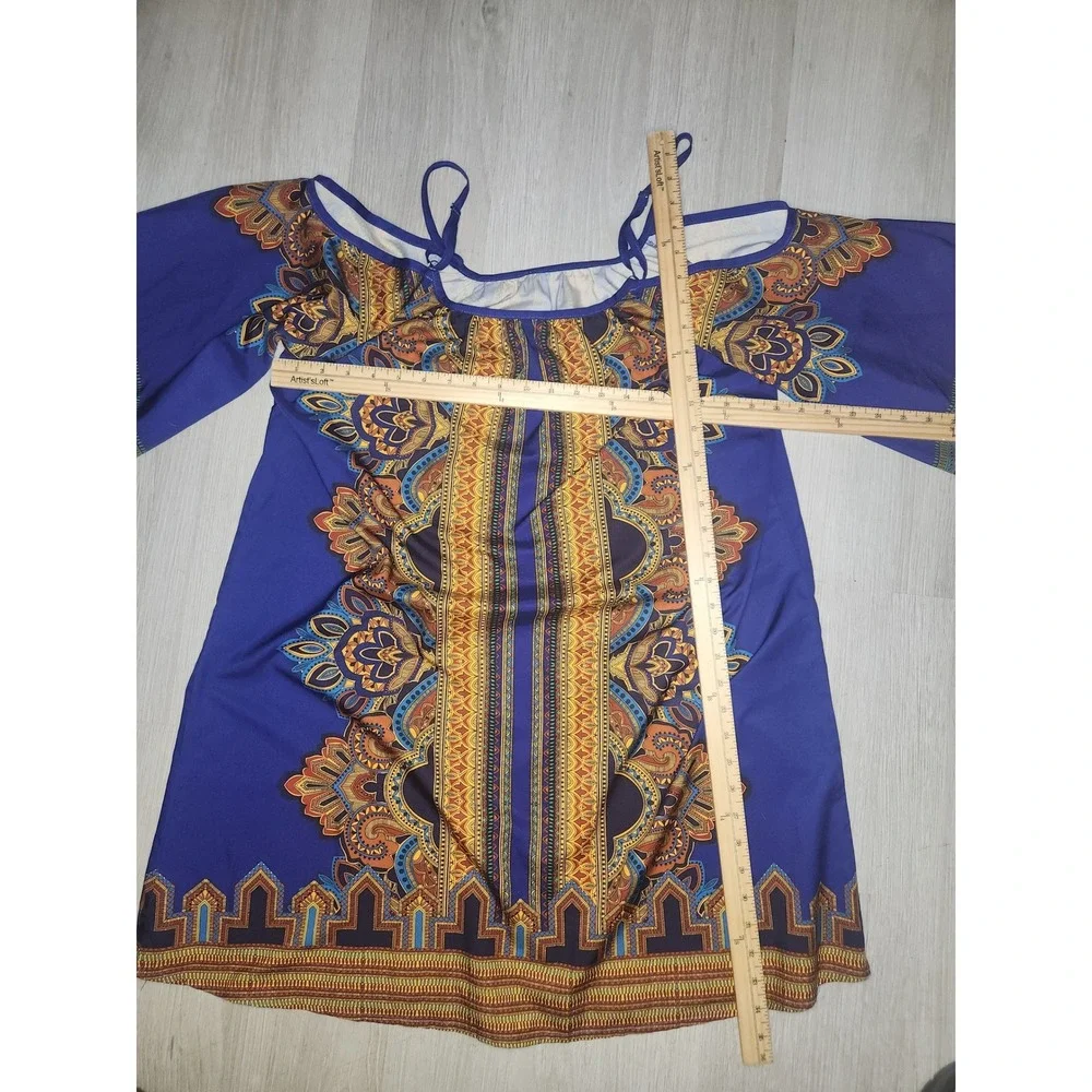 Boho Cold Shoulder Mini Dress Blue Orange Paisley Tribal Bell Sleeve Summer - Picture 5 of 7
